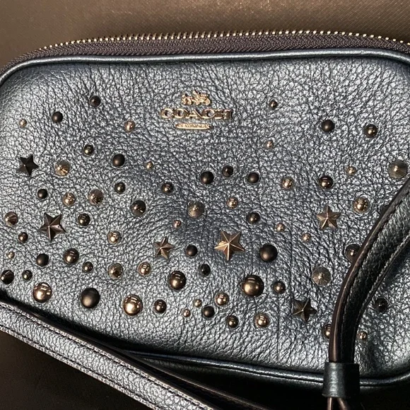 Coach Crossbody Metallic Blue Studded Rivets Star NASA Wristlet Bag Purse Wallet - Picture 3 of 15